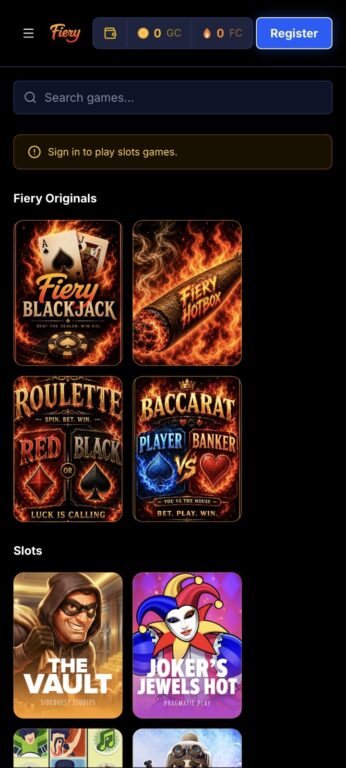 Fiery.games mobile homepage showing 0 GC and 0 FC balances, a "Sign in to play slots games" notice, the four Fiery Originals (Blackjack, Hotbox, Roulette, Baccarat), and the start of the slots section.