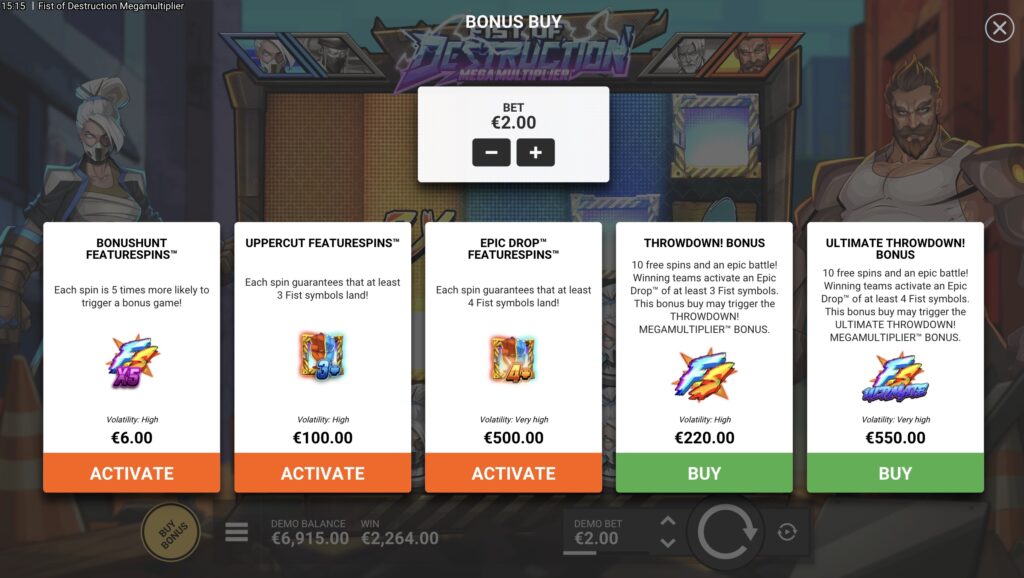 Fist of Destruction Megamultiplier bonus buy screen showing five purchase options — Bonushunt Featurespins (6x bet), Uppercut Featurespins (50x bet), Epic Drop Featurespins (250x bet), Throwdown! Bonus (110x bet), and Ultimate Throwdown! Bonus (275x bet)