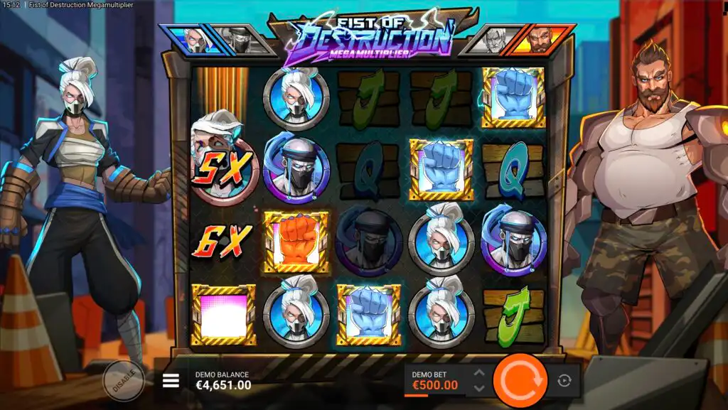 Fist of Destruction Megamultiplier slot demo screenshot showing the 5x4 reel grid with a blue and an orange Fist Wild Reel expanded, 5x and 6x multiplier symbols, and a demo balance of €4,651.00
