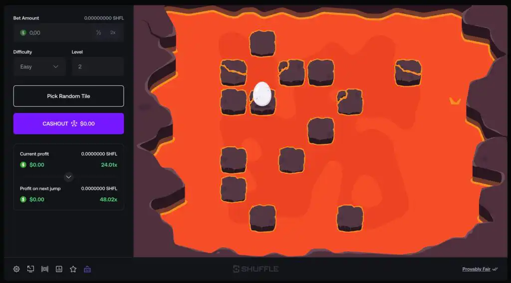 Floor Is Lava gameplay on Shuffle showing the egg standing on a surviving tile, Easy difficulty, Level 2, with a 24.01x current multiplier and 48.02x next-jump multiplier