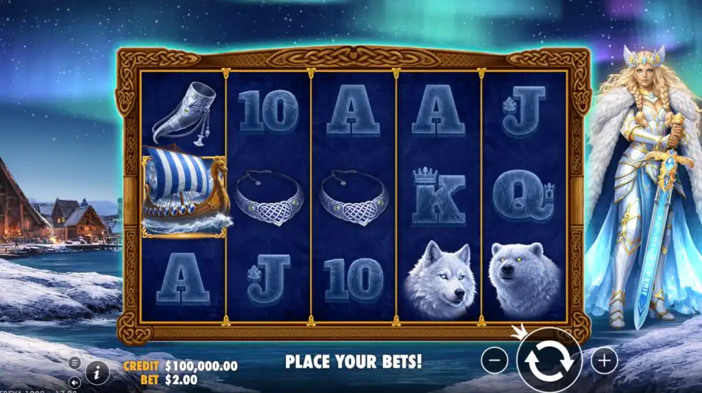 Freya 1000 slot base game showing a 5-reel, 3-row grid with Norse-themed symbols including a Viking longship, drinking horn, silver necklaces, wolf, and bear, with Freya standing beside the reels in winged armor against a snowy Viking village and northern lights backdrop.