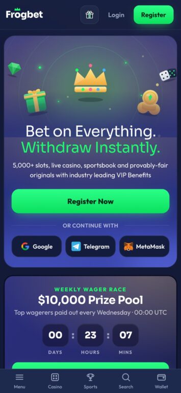 Frogbet casino mobile homepage on iPhone showing the "Bet on Everything. Withdraw Instantly." hero banner, Register Now button, Google/Telegram/MetaMask sign-in options, and the $10,000 Weekly Wager Race countdown timer, with a bottom navigation bar for Menu, Casino, Sports, Search, and Wallet.