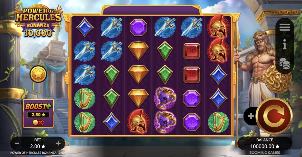 Gates of Hercules 10,000 slot gameplay screen showing the 6x5 reel grid with gem and Greek warrior symbols