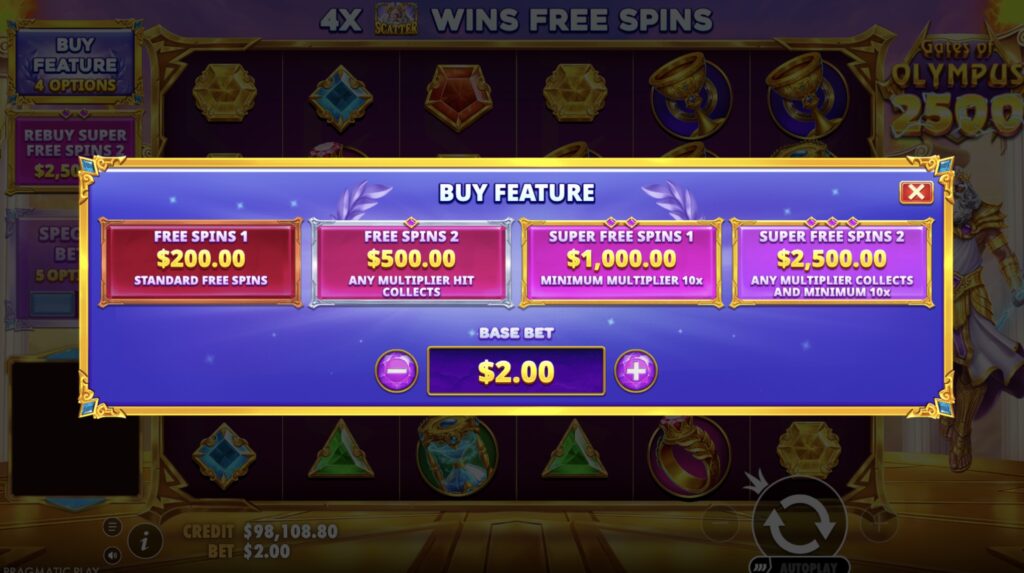 Gates of Olympus 2500 buy feature menu showing four options at a $2.00 base bet — Free Spins 1 for $200, Free Spins 2 for $500, Super Free Spins 1 for $1,000, and Super Free Spins 2 for $2,500