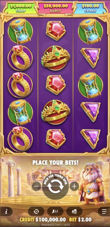 Gates of Olympus POP slot base game by Pragmatic Play, showing the 3x5 grid, SNAP, BURST and SPARK prize tiers and a cartoon Zeus.