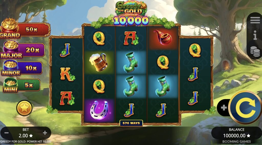 Greedy for Gold: Power Hit 10,000 slot gameplay screenshot showing the reels, progressive jackpot ladder, and 576 ways to win