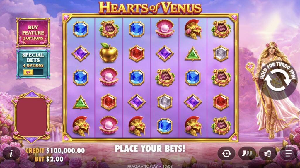 Hearts of Venus slot base game reels by Pragmatic Play