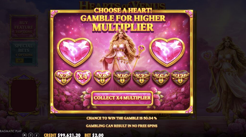 Hearts of Venus slot gamble feature multiplier ladder by Pragmatic Play