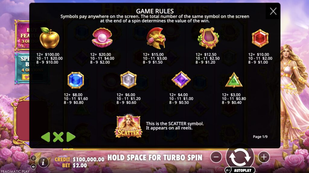 Hearts of Venus slot paytable and symbol values by Pragmatic Play