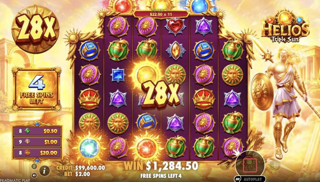 Helios Triple Sun slot free spins round showing a 28x multiplier win
