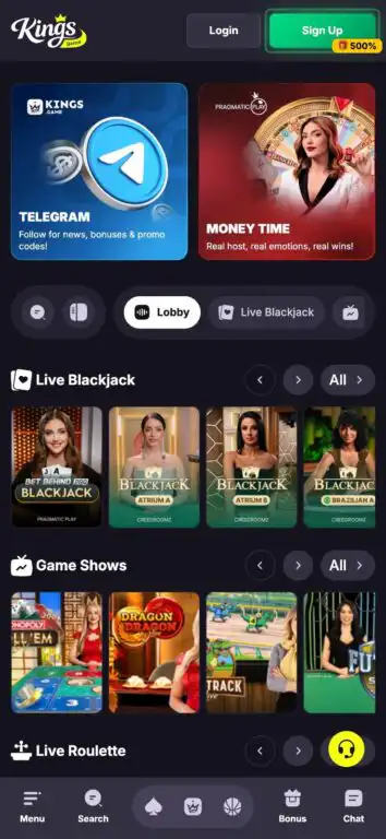 Kings.Game live casino lobby on mobile, showing Money Time and Telegram promo banners, Live Blackjack tables, Game Shows, and bottom navigation menu