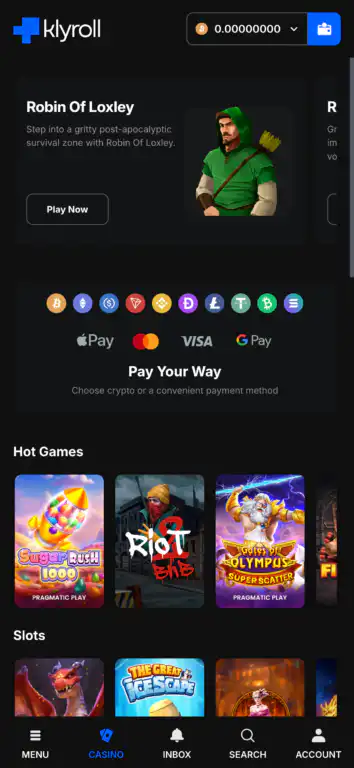 Klyroll casino mobile homepage showing the Robin Of Loxley featured game, crypto and payment method icons, and the Hot Games row with Sugar Rush 1000, Riot 2, and Gates of Olympus