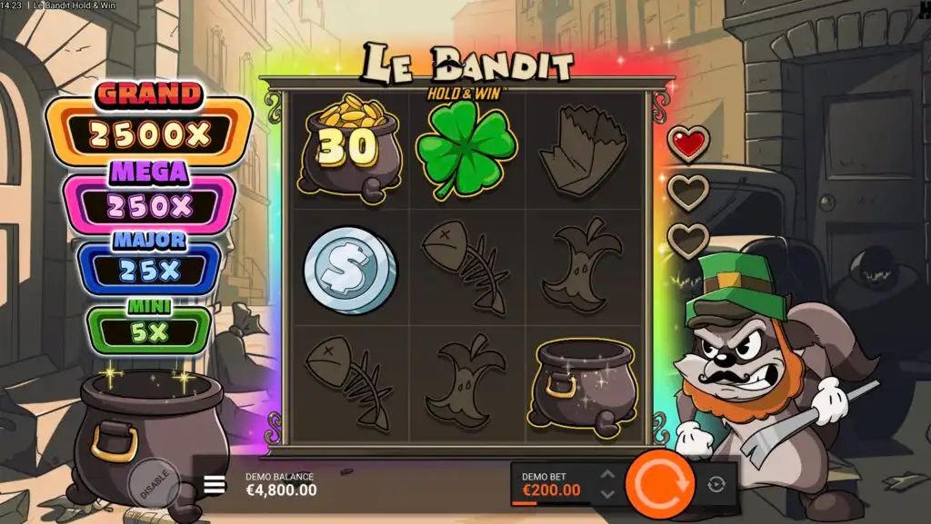 Le Bandit Hold & Win slot demo showing the Jackpot Sign with Grand, Mega, Major and Mini prizes, Smokey the raccoon, and an active Hold & Win round with Pot of Gold and Clover symbols on the reels.