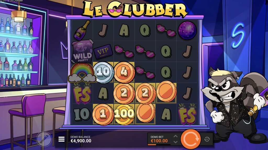 Le Clubber slot screenshot showing the coin values feature triggered on the reels