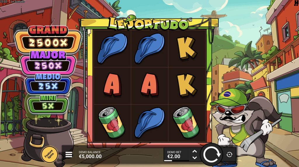 Le Sortudo slot by Hacksaw Gaming showing the 3x3 grid, jackpot ladder and Smokey the raccoon in Brazil