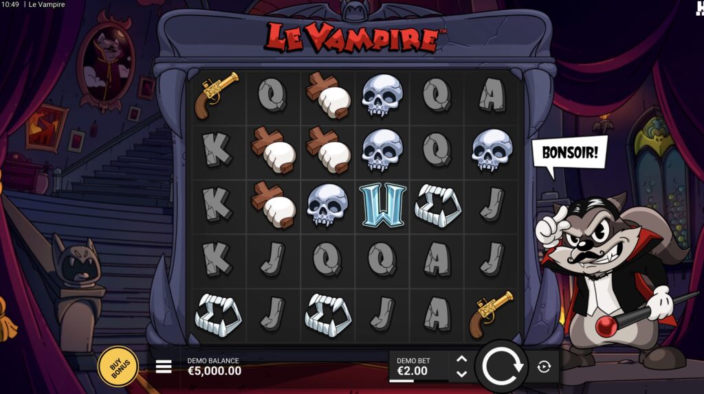 Le Vampire slot by Hacksaw Gaming showing the 6x5 cluster grid with gothic symbols including skulls, crosses, fangs and flintlock pistols, with Smokey the raccoon dressed as a vampire saying Bonsoir on the right side of the screen.