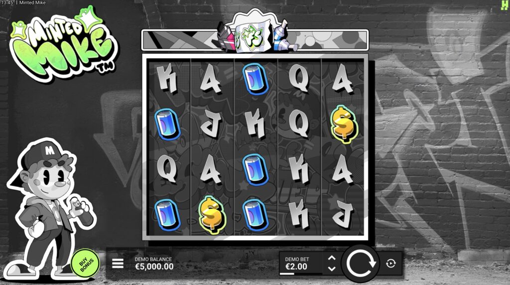 Minted Mike slot base game by Hacksaw Gaming, showing the 5x4 reels, blue can and gold dollar symbols, and the graffiti wall backdrop.