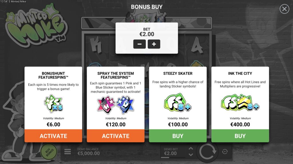 Minted Mike slot Bonus Buy menu by Hacksaw Gaming, showing four purchase options with prices and Medium volatility.