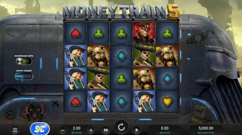 Money Train 5 slot base game showing the 5x4 grid with character and card suit symbols, Enhanced Spin toggle, and Standard/Ultra mode selector