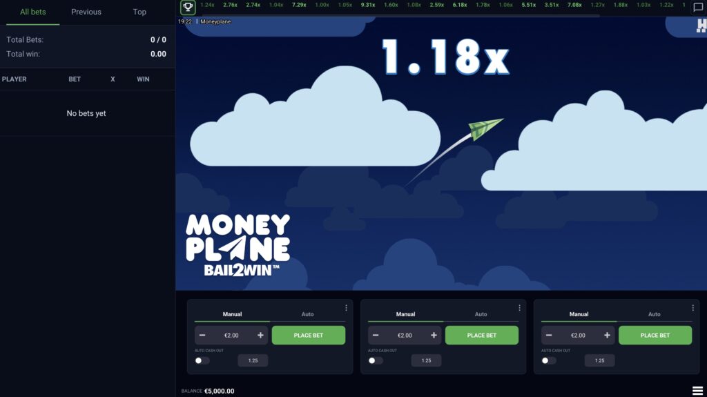 Moneyplane Bail2Win crash game by Hacksaw Gaming showing a paper plane climbing at a 1.18x multiplier with three bet panels