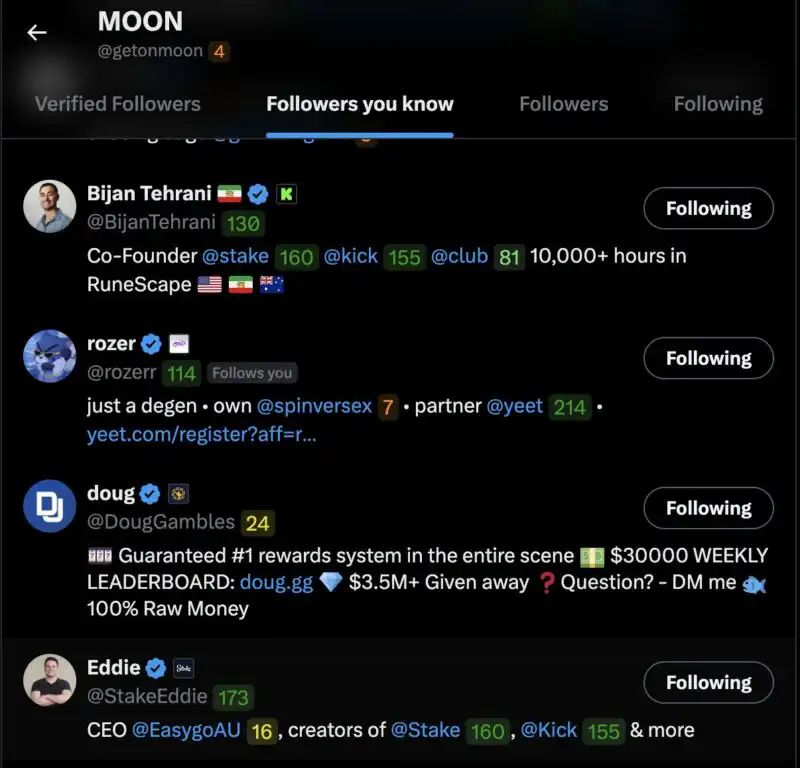 Screenshot of the X (Twitter) "Followers you know" tab for the @getonmoon (MOON) account, showing key Stake ecosystem figures as followers: Bijan Tehrani (@BijanTehrani), co-founder of Stake, Kick, and Club; rozer (@rozerr); doug (@DougGambles); and Eddie (@StakeEddie), CEO of EasygoAU and listed as a creator of Stake and Kick