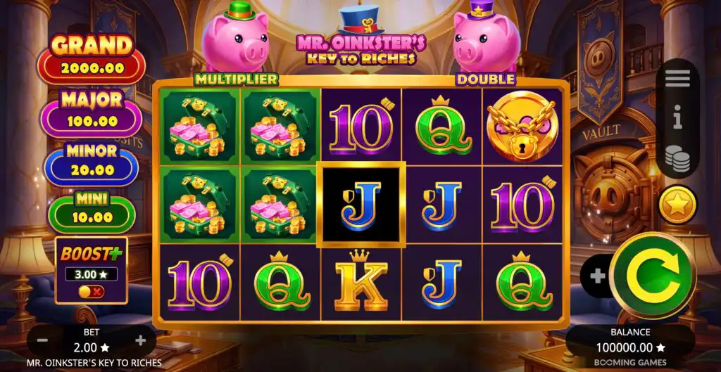 Mr. Oinkster's Key to Riches slot game screen showing the 5x3 reel grid with Grand, Major, Minor, and Mini jackpot values, Boost+ option, and Multiplier and Double piggy banks above the reels.