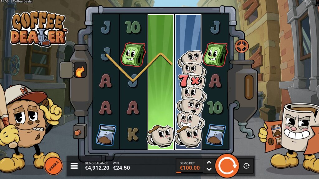 Coffee Dealer slot showing two Wild Coffee Reels expanded on reels 3 and 4 with a 7x multiplier and a winning payline highlighted