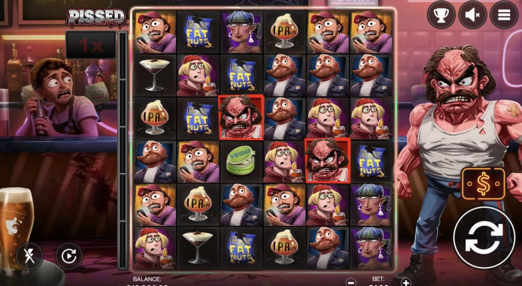 Pissed slot base game screen showing the 6x6 grid with two Donk symbols highlighted in red