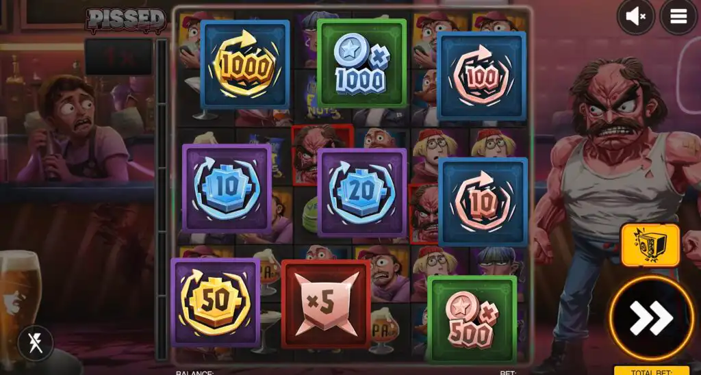 Pissed slot loot box showing a range of possible bonus prizes and multipliers up to 1000x