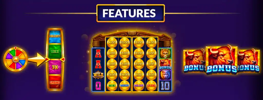 Primal Buffalo PowerGrid slot features showing the Ultra Prize Reel wheel, PowerGrid coin grid with Mini, Minor, Major and Grand prize tiers, and Bonus scatter symbols