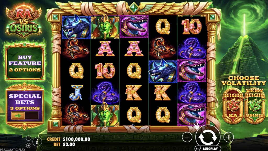 Ra vs Osiris slot base game by Pragmatic Play, showing the 5x4 reels, Buy Feature and Special Bets panels and the Choose Volatility menu.