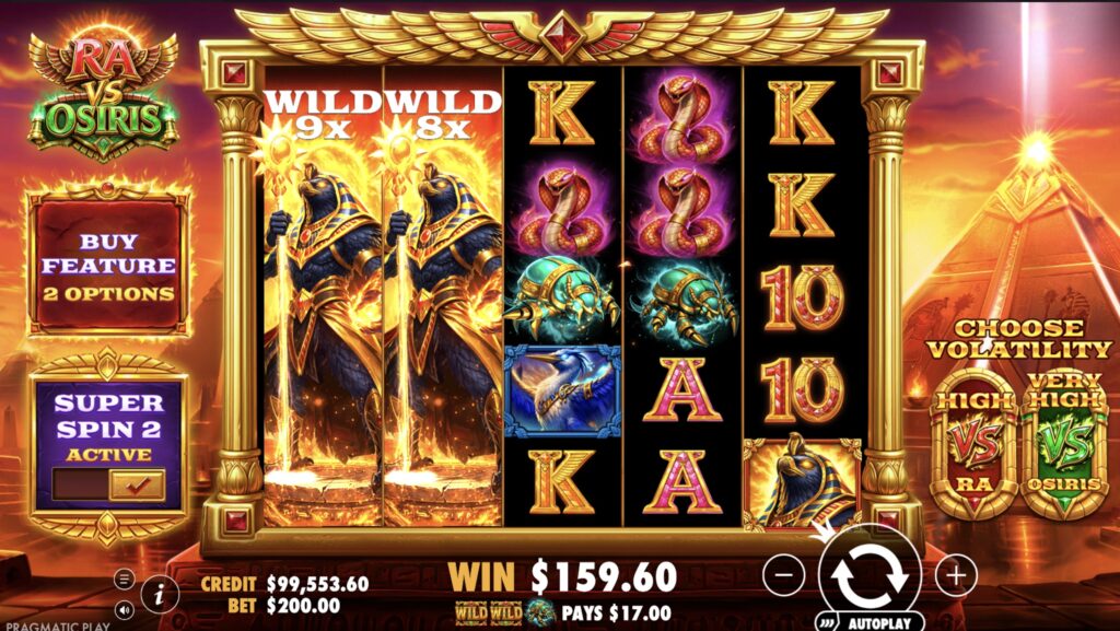 Ra vs Osiris slot in Ra mode by Pragmatic Play, showing two expanding wilds with 9x and 8x multipliers and a $159.60 win.