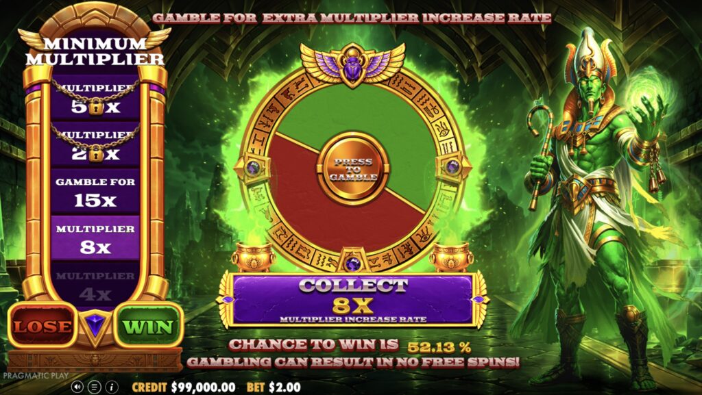 Ra vs Osiris free spins gamble wheel by Pragmatic Play, showing an 8x minimum multiplier and a 52.13% win chance.