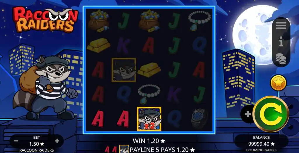 Raccoon Raiders slot gameplay screenshot showing the reels with a x2 Mystery Wild multiplier win