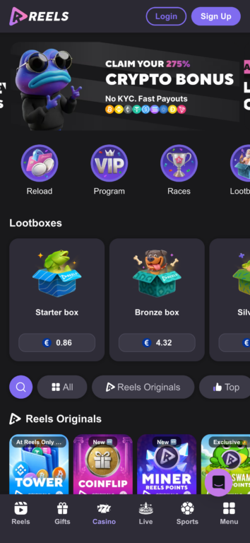 Reels.io mobile homepage showing the 275% crypto welcome bonus banner, VIP program icons, and lootbox prices starting at €0.86