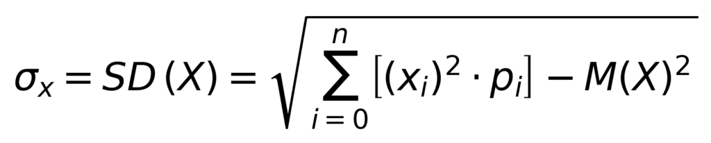 Standard deviation computational formula - sigma equals square root of sum of squared outcomes times probability minus the mean squared