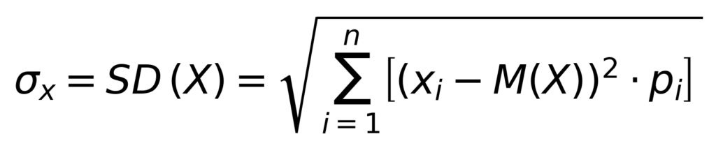 Standard deviation definitional formula - sigma equals square root of sum of squared deviations from the mean weighted by probability