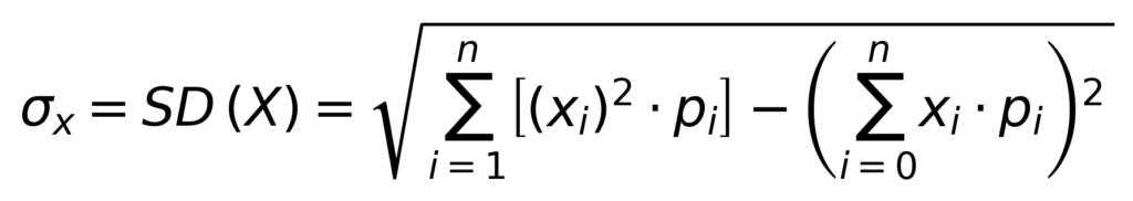 Standard deviation expanded formula - sigma equals square root of sum of x squared times probability minus the square of sum of x times probability
