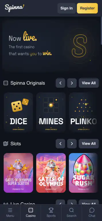 Spinna.bet mobile homepage showing the "Now Live — The first casino that wants you to win" banner, Spinna Originals games (Dice, Mines, Plinko), popular slots (Gates of Olympus Super Scatter, Gates of Olympus, Sugar Rush), and bottom navigation bar with Menu, Casino, Sports, Search, and Chat tabs.