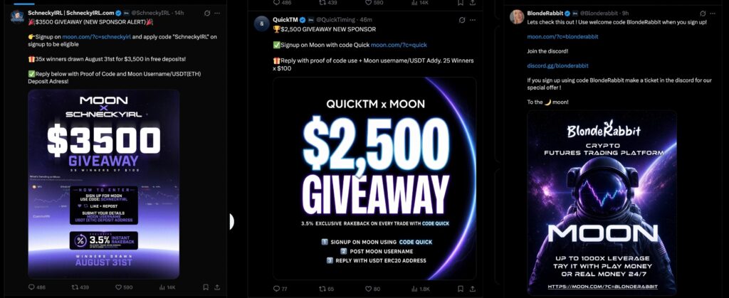 Side-by-side screenshots of three Stake-badged X (Twitter) creators — SchneckyIRL, QuickTM, and BlondeRabbit — all promoting Moon.com giveaways simultaneously. SchneckyIRL offers a $3,500 giveaway with 35 winners, QuickTM offers $2,500 with 25 winners, and BlondeRabbit promotes a referral code. All three require users to sign up on Moon with a unique affiliate code, and each post features branded promotional graphics.