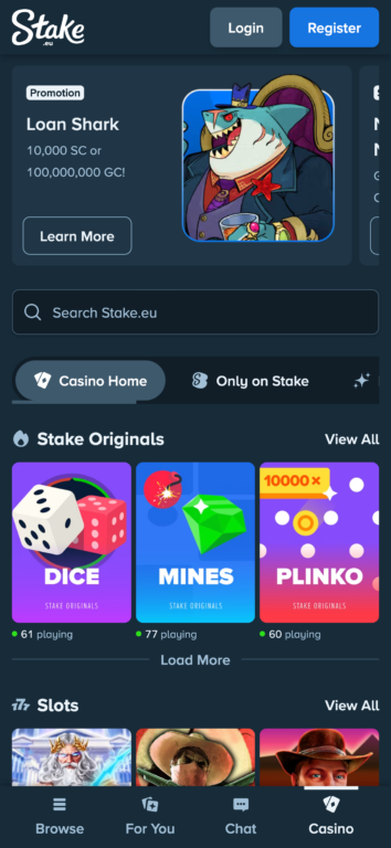 Stake.eu mobile homepage showing the Loan Shark promotion banner, search bar, and Stake Originals row with Dice, Mines and Plinko.