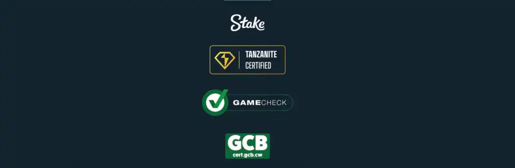 Stake casino footer showing three certification badges: Tanzanite Certified (diamond icon), GameCheck (green checkmark), and GCB