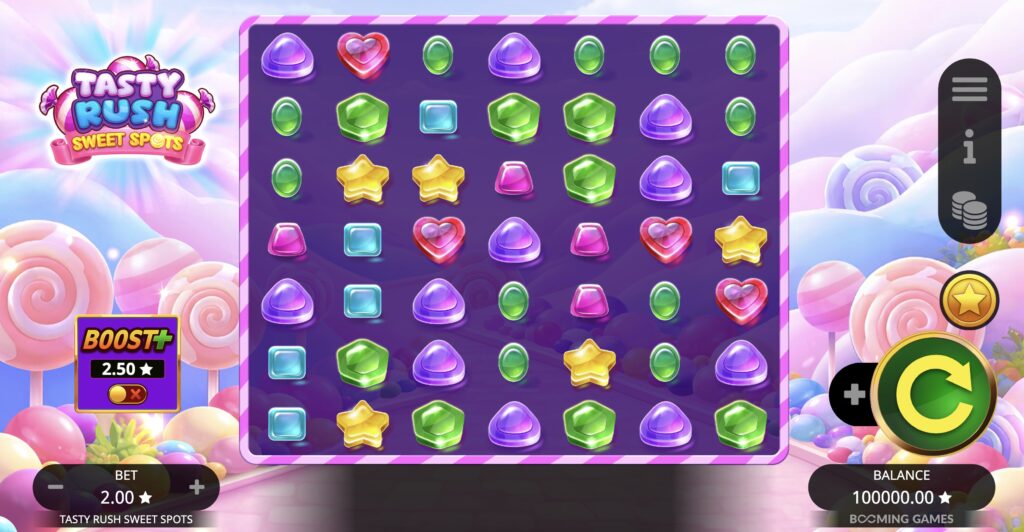 Tasty Rush Sweet Spots slot gameplay screenshot showing the candy-themed 7x7 grid and Boost+ feature