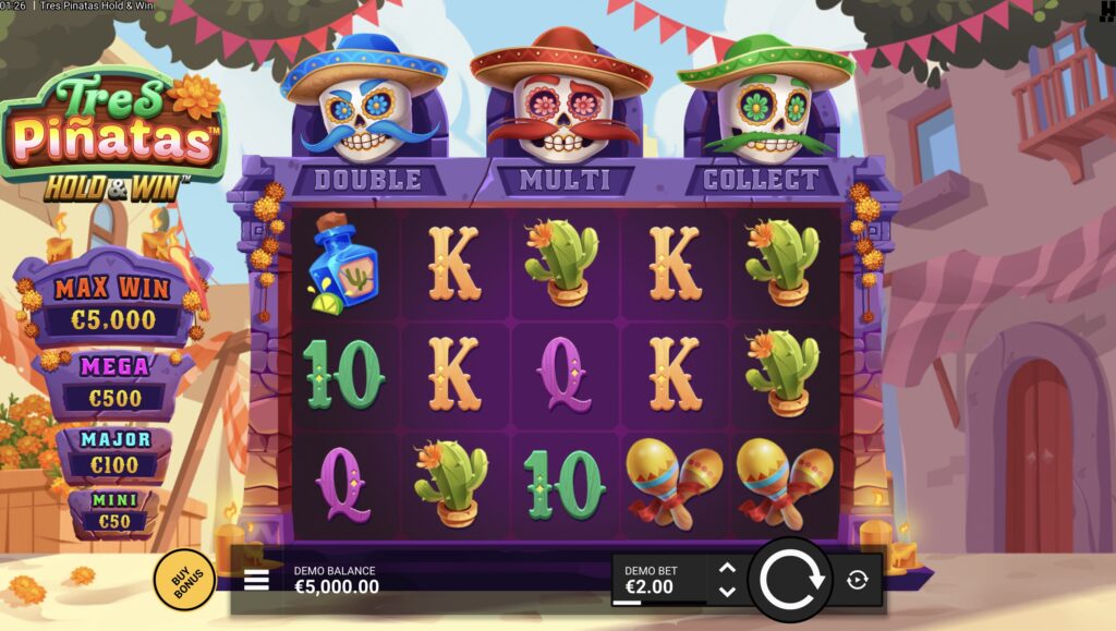 Tres Pinatas Hold & Win slot by Hacksaw Gaming showing the 5x3 grid, three skulls and jackpot ladder