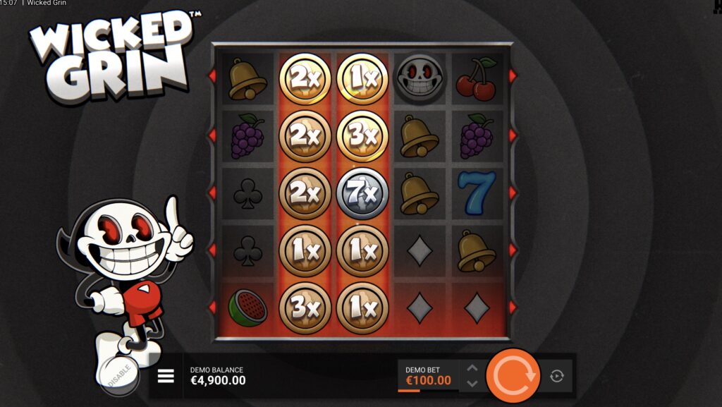 Wicked Grin slot screenshot showing the Expanding Wicked Grin Coins feature with reels 2 and 3 filled with Bronze and Silver Coin symbols and multipliers, while Boney Bill gives a thumbs up beside the grid.