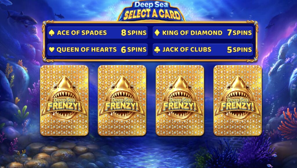 Deep Sea Frenzy Buy Feature card selection screen with four golden shark cards offering 5, 6, 7, or 8 free spins