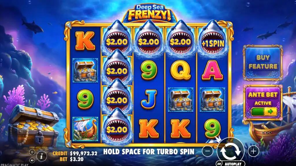 Deep Sea Frenzy slot showing several money shark symbols displaying $2.00 values alongside a +1 Spin collect symbol on reel 5 during base game play