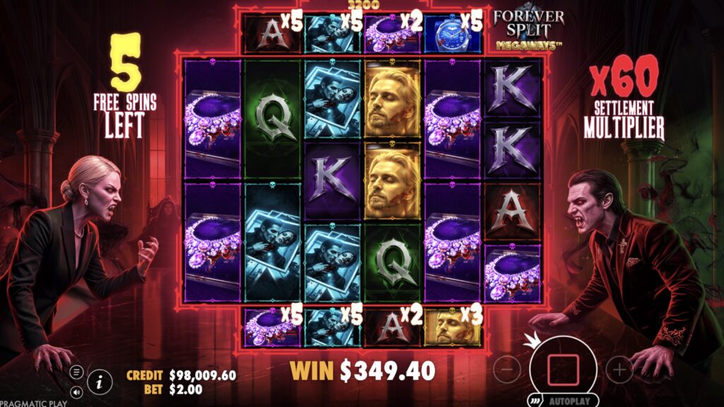 Forever Split Megaways free spins round with x60 Settlement Multiplier and 5 spins remaining