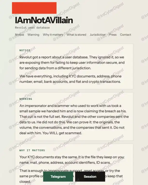 Screenshot of the iamnotavillain.xyz extortion portal claiming to hold Revolut customer data including KYC documents, addresses, and crypto transactions