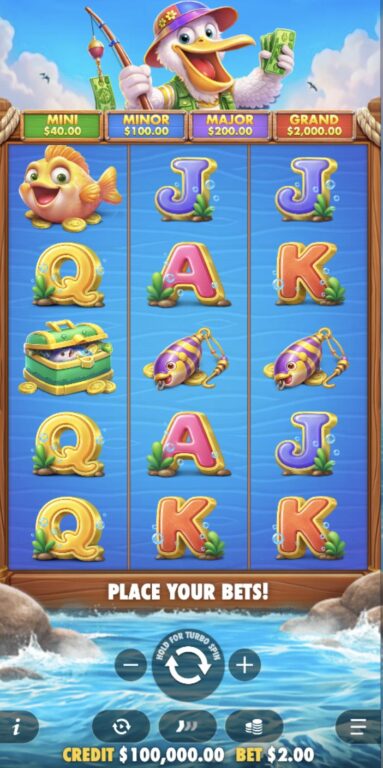 Pelican Payday slot by Pragmatic Play showing the 3x5 game grid in portrait mode with fish, treasure box, fishing hook, and card rank symbols, plus the pelican character above holding cash and a fishing rod, with Mini, Minor, Major, and Grand jackpot tiers displayed at the top.